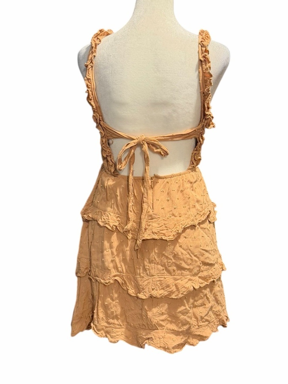 Mable Lulaa Swiss Dot Smocked Open Back Ruffle Tiered Mini Dress Size Small - Picture 5 of 8